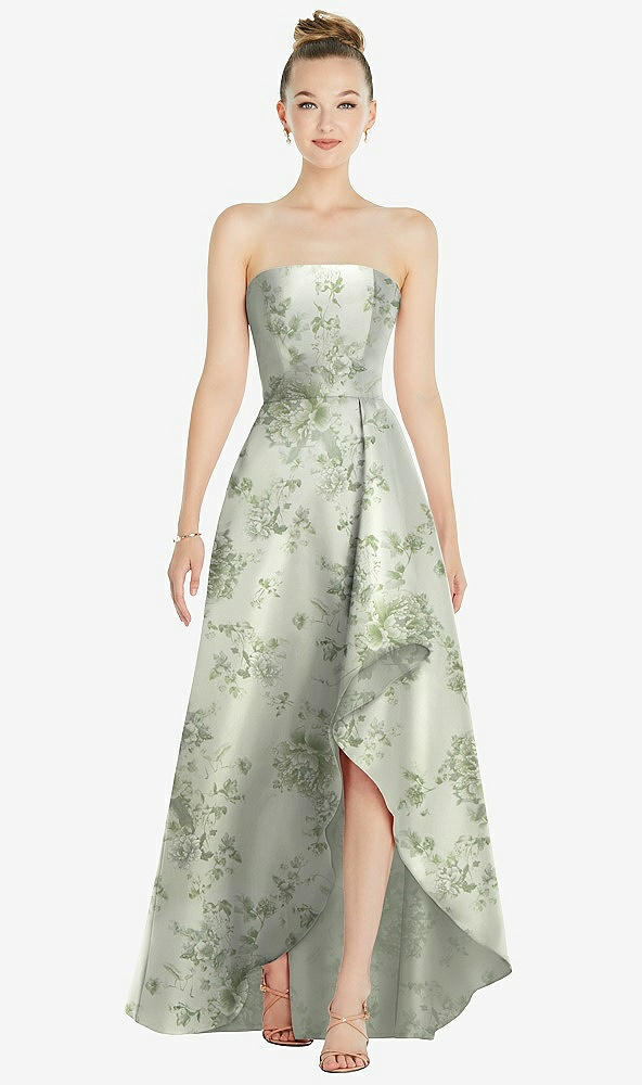 Front View - Sage Cottage Rose Strapless Floral Satin Gown with Draped Front Slit and Pockets