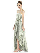 Side View Thumbnail - Sage Cottage Rose Strapless Floral Satin Gown with Draped Front Slit and Pockets