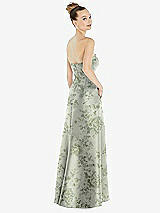 Rear View Thumbnail - Sage Cottage Rose Strapless Floral Satin Gown with Draped Front Slit and Pockets