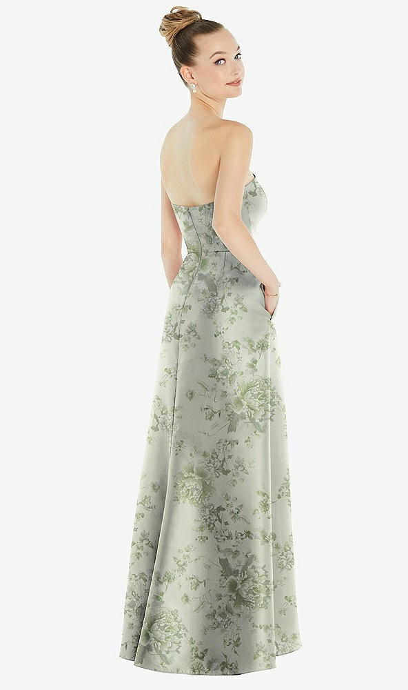 Back View - Sage Cottage Rose Strapless Floral Satin Gown with Draped Front Slit and Pockets