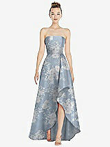 Front View Thumbnail - Porcelain Blue Seraphina Floral Strapless Floral Satin Gown with Draped Front Slit and Pockets