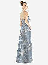 Rear View Thumbnail - Porcelain Blue Seraphina Floral Strapless Floral Satin Gown with Draped Front Slit and Pockets