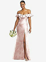 Alt View 1 Thumbnail - Bow And Blossom Print Off-the-Shoulder Ruffle Neck Floral Satin Trumpet Gown