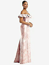 Side View Thumbnail - Bow And Blossom Print Off-the-Shoulder Ruffle Neck Floral Satin Trumpet Gown