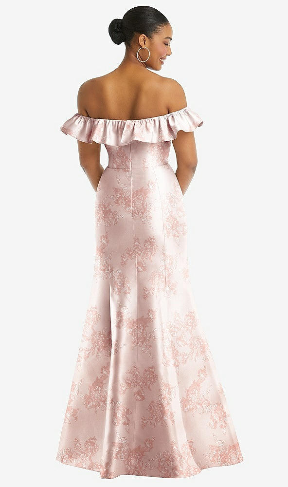 Back View - Bow And Blossom Print Off-the-Shoulder Ruffle Neck Floral Satin Trumpet Gown