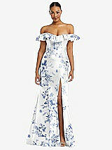 Front View Thumbnail - Cottage Rose Larkspur Off-the-Shoulder Ruffle Neck Floral Satin Trumpet Gown