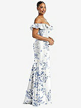 Side View Thumbnail - Cottage Rose Larkspur Off-the-Shoulder Ruffle Neck Floral Satin Trumpet Gown