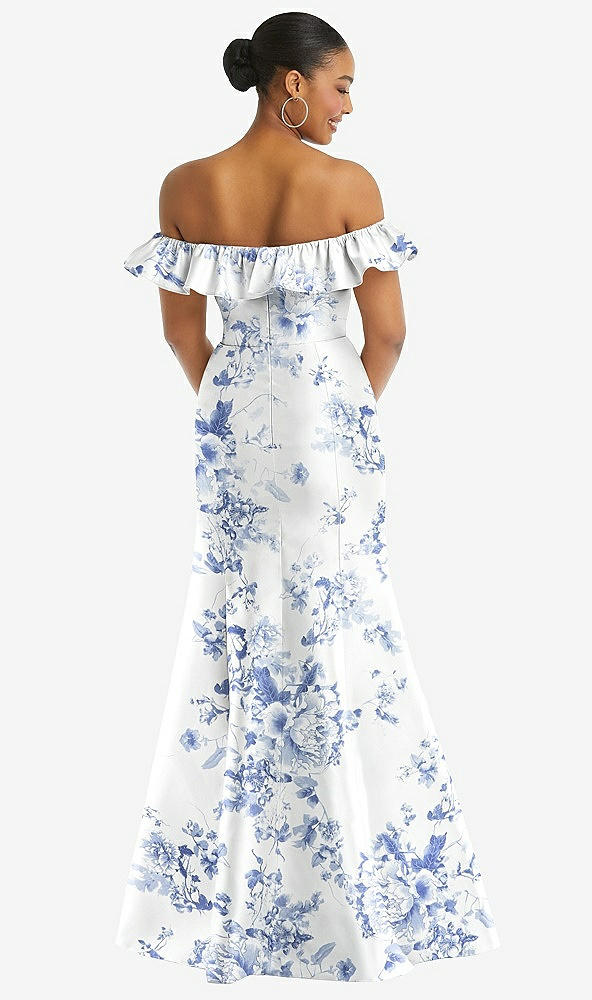 Back View - Cottage Rose Larkspur Off-the-Shoulder Ruffle Neck Floral Satin Trumpet Gown