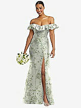 Alt View 1 Thumbnail - Sage Cottage Rose Off-the-Shoulder Ruffle Neck Floral Satin Trumpet Gown