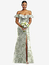 Alt View 2 Thumbnail - Sage Cottage Rose Off-the-Shoulder Ruffle Neck Floral Satin Trumpet Gown