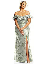 Alt View 3 Thumbnail - Sage Cottage Rose Off-the-Shoulder Ruffle Neck Floral Satin Trumpet Gown