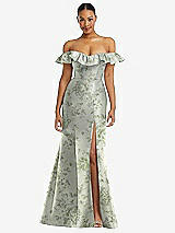 Front View Thumbnail - Sage Cottage Rose Off-the-Shoulder Ruffle Neck Floral Satin Trumpet Gown