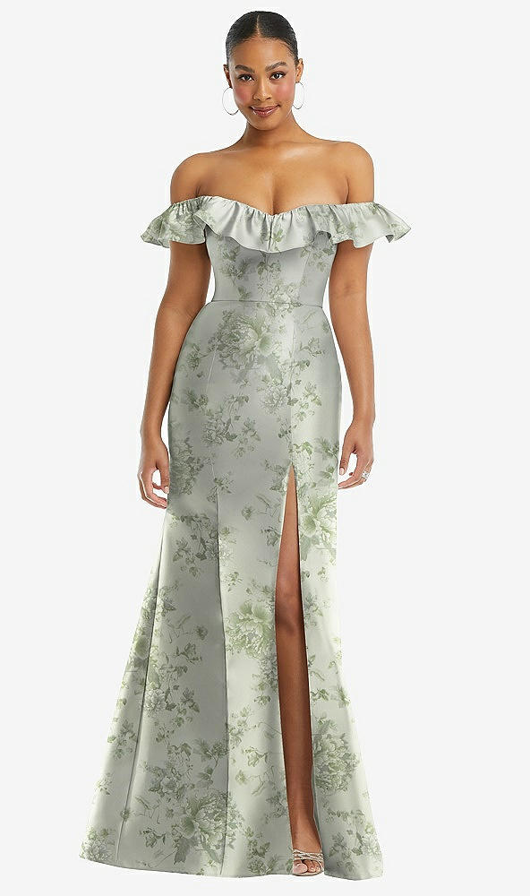 Front View - Sage Cottage Rose Off-the-Shoulder Ruffle Neck Floral Satin Trumpet Gown