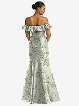 Rear View Thumbnail - Sage Cottage Rose Off-the-Shoulder Ruffle Neck Floral Satin Trumpet Gown