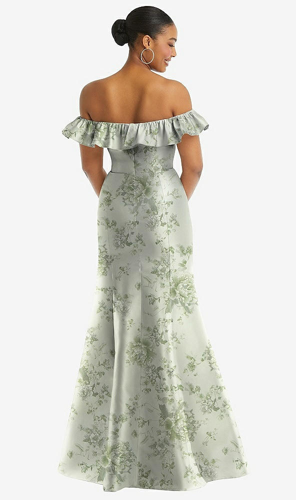 Back View - Sage Cottage Rose Off-the-Shoulder Ruffle Neck Floral Satin Trumpet Gown