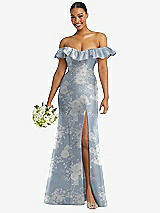 Alt View 1 Thumbnail - Porcelain Blue Seraphina Floral Off-the-Shoulder Ruffle Neck Floral Satin Trumpet Gown