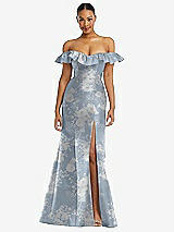 Front View Thumbnail - Porcelain Blue Seraphina Floral Off-the-Shoulder Ruffle Neck Floral Satin Trumpet Gown