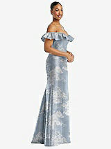 Side View Thumbnail - Porcelain Blue Seraphina Floral Off-the-Shoulder Ruffle Neck Floral Satin Trumpet Gown