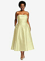 Alt View 1 Thumbnail - Butter Yellow Cuffed Strapless Satin Twill Midi Dress with Full Skirt and Pockets