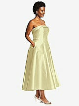 Alt View 3 Thumbnail - Butter Yellow Cuffed Strapless Satin Twill Midi Dress with Full Skirt and Pockets