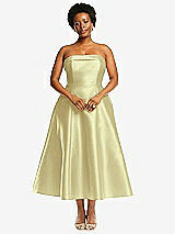 Alt View 4 Thumbnail - Butter Yellow Cuffed Strapless Satin Twill Midi Dress with Full Skirt and Pockets