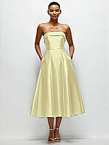 Front View Thumbnail - Butter Yellow Cuffed Strapless Satin Twill Midi Dress with Full Skirt and Pockets