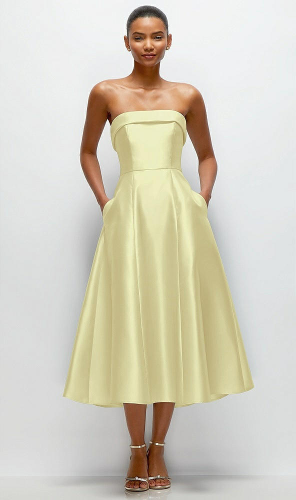 Front View - Butter Yellow Cuffed Strapless Satin Twill Midi Dress with Full Skirt and Pockets