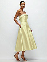 Rear View Thumbnail - Butter Yellow Cuffed Strapless Satin Twill Midi Dress with Full Skirt and Pockets