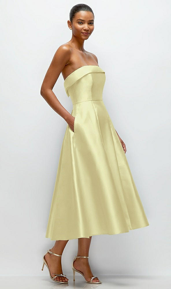 Back View - Butter Yellow Cuffed Strapless Satin Twill Midi Dress with Full Skirt and Pockets