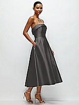 Rear View Thumbnail - Caviar Gray Cuffed Strapless Satin Twill Midi Dress with Full Skirt and Pockets