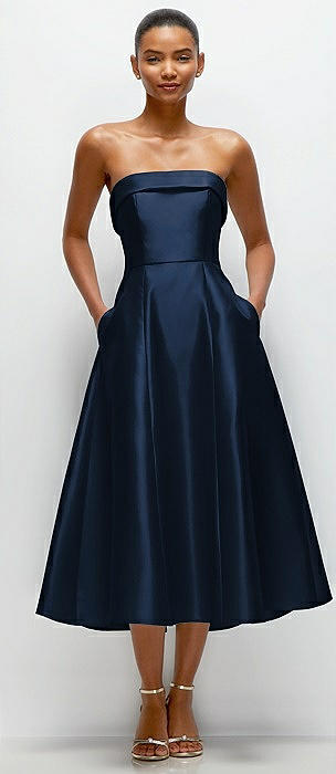 Cuffed Strapless Satin Twill Midi Dress with Full Skirt and Pockets