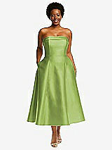 Alt View 1 Thumbnail - Mojito Cuffed Strapless Satin Twill Midi Dress with Full Skirt and Pockets