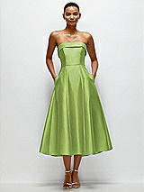 Front View Thumbnail - Mojito Cuffed Strapless Satin Twill Midi Dress with Full Skirt and Pockets