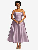 Alt View 4 Thumbnail - Suede Rose Cuffed Strapless Satin Twill Midi Dress with Full Skirt and Pockets