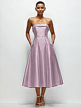 Front View Thumbnail - Suede Rose Cuffed Strapless Satin Twill Midi Dress with Full Skirt and Pockets