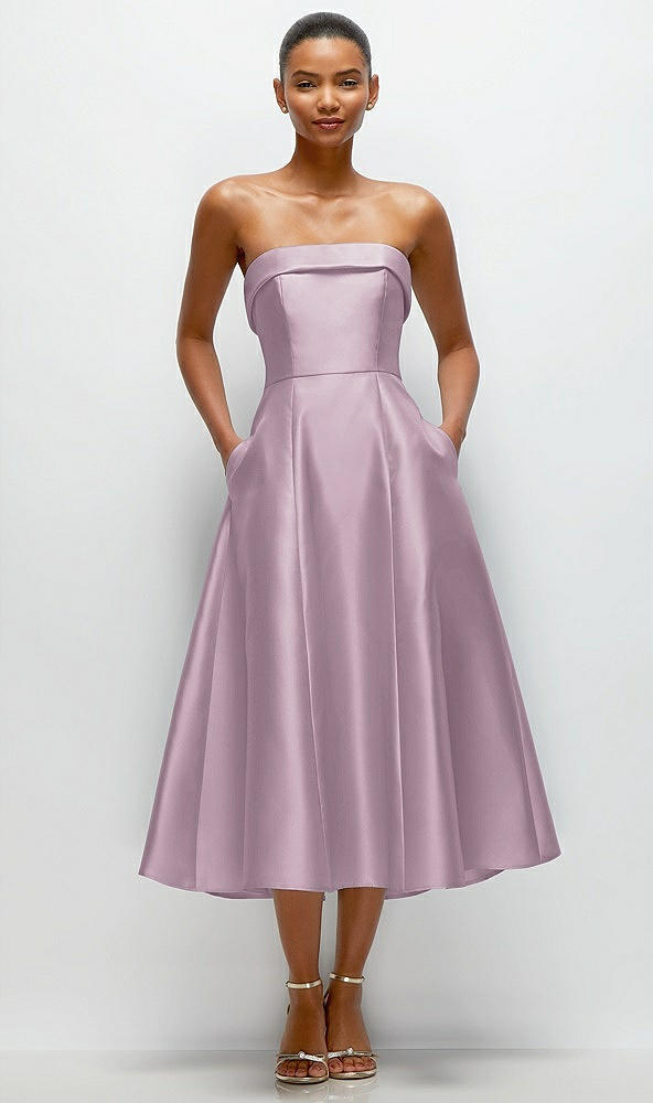 Front View - Suede Rose Cuffed Strapless Satin Twill Midi Dress with Full Skirt and Pockets