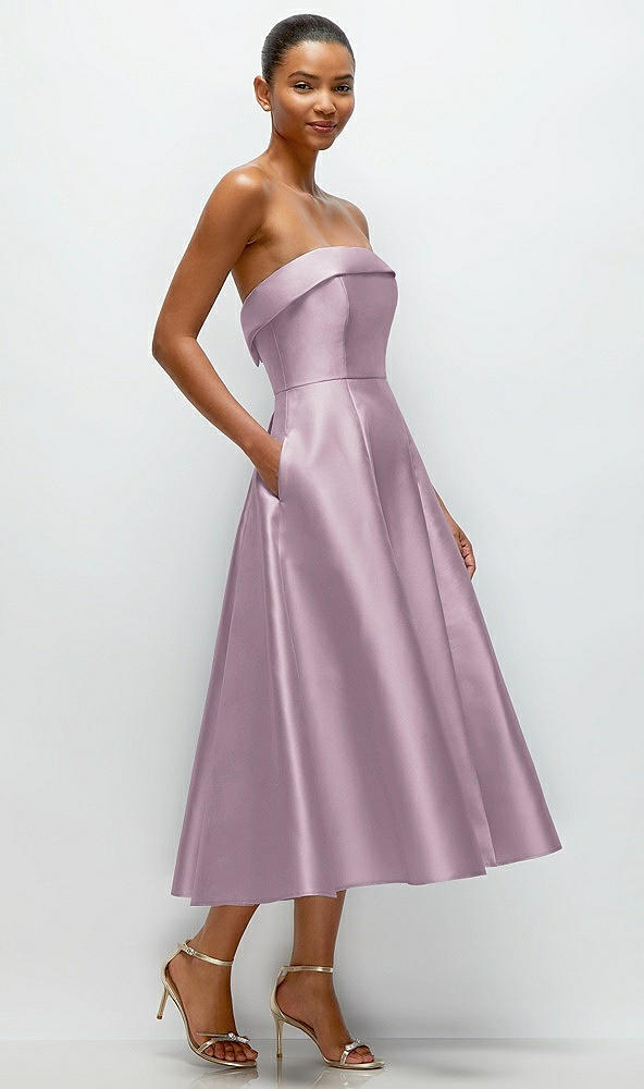 Back View - Suede Rose Cuffed Strapless Satin Twill Midi Dress with Full Skirt and Pockets