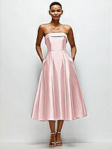 Front View Thumbnail - Ballet Pink Cuffed Strapless Satin Twill Midi Dress with Full Skirt and Pockets