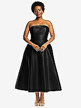 Alt View 4 Thumbnail - Black Cuffed Strapless Satin Twill Midi Dress with Full Skirt and Pockets