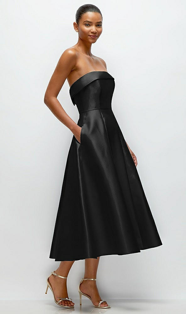 Back View - Black Cuffed Strapless Satin Twill Midi Dress with Full Skirt and Pockets