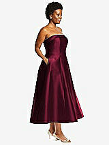 Alt View 3 Thumbnail - Cabernet Cuffed Strapless Satin Twill Midi Dress with Full Skirt and Pockets