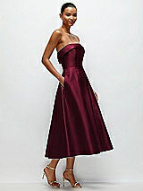 Rear View Thumbnail - Cabernet Cuffed Strapless Satin Twill Midi Dress with Full Skirt and Pockets