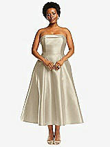 Alt View 4 Thumbnail - Champagne Cuffed Strapless Satin Twill Midi Dress with Full Skirt and Pockets