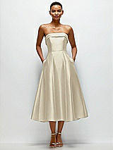 Front View Thumbnail - Champagne Cuffed Strapless Satin Twill Midi Dress with Full Skirt and Pockets