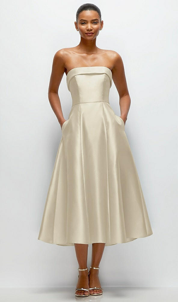 Front View - Champagne Cuffed Strapless Satin Twill Midi Dress with Full Skirt and Pockets