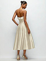 Side View Thumbnail - Champagne Cuffed Strapless Satin Twill Midi Dress with Full Skirt and Pockets