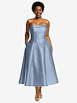 Alt View 1 Thumbnail - Cloudy Cuffed Strapless Satin Twill Midi Dress with Full Skirt and Pockets