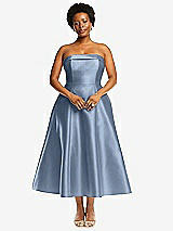 Alt View 4 Thumbnail - Cloudy Cuffed Strapless Satin Twill Midi Dress with Full Skirt and Pockets