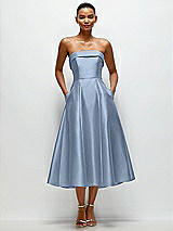 Front View Thumbnail - Cloudy Cuffed Strapless Satin Twill Midi Dress with Full Skirt and Pockets