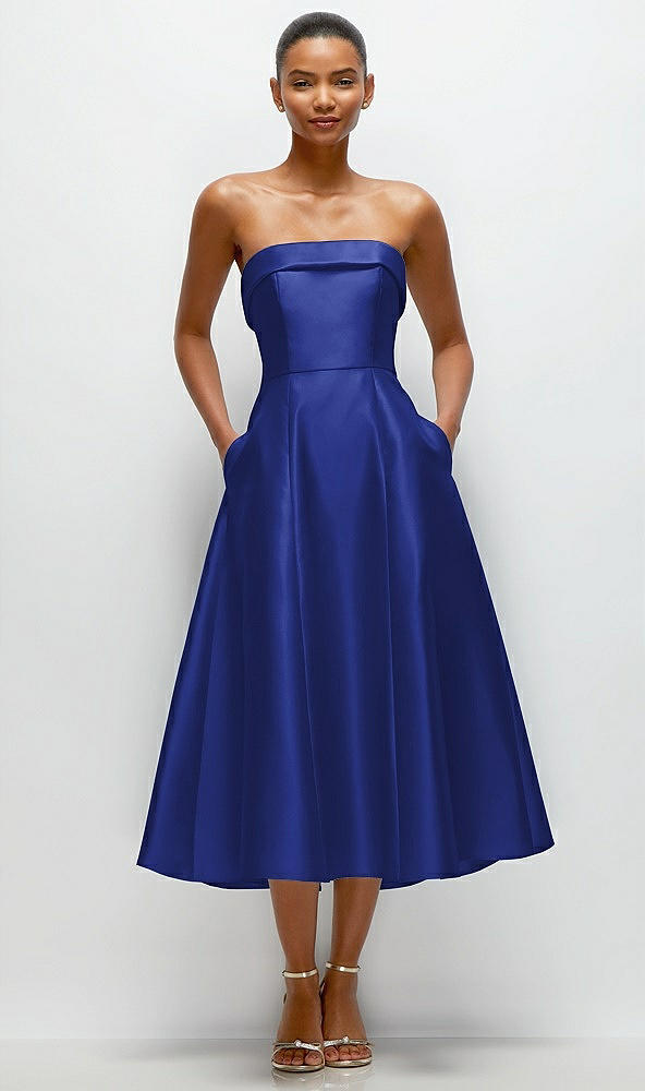 Front View - Cobalt Blue Cuffed Strapless Satin Twill Midi Dress with Full Skirt and Pockets